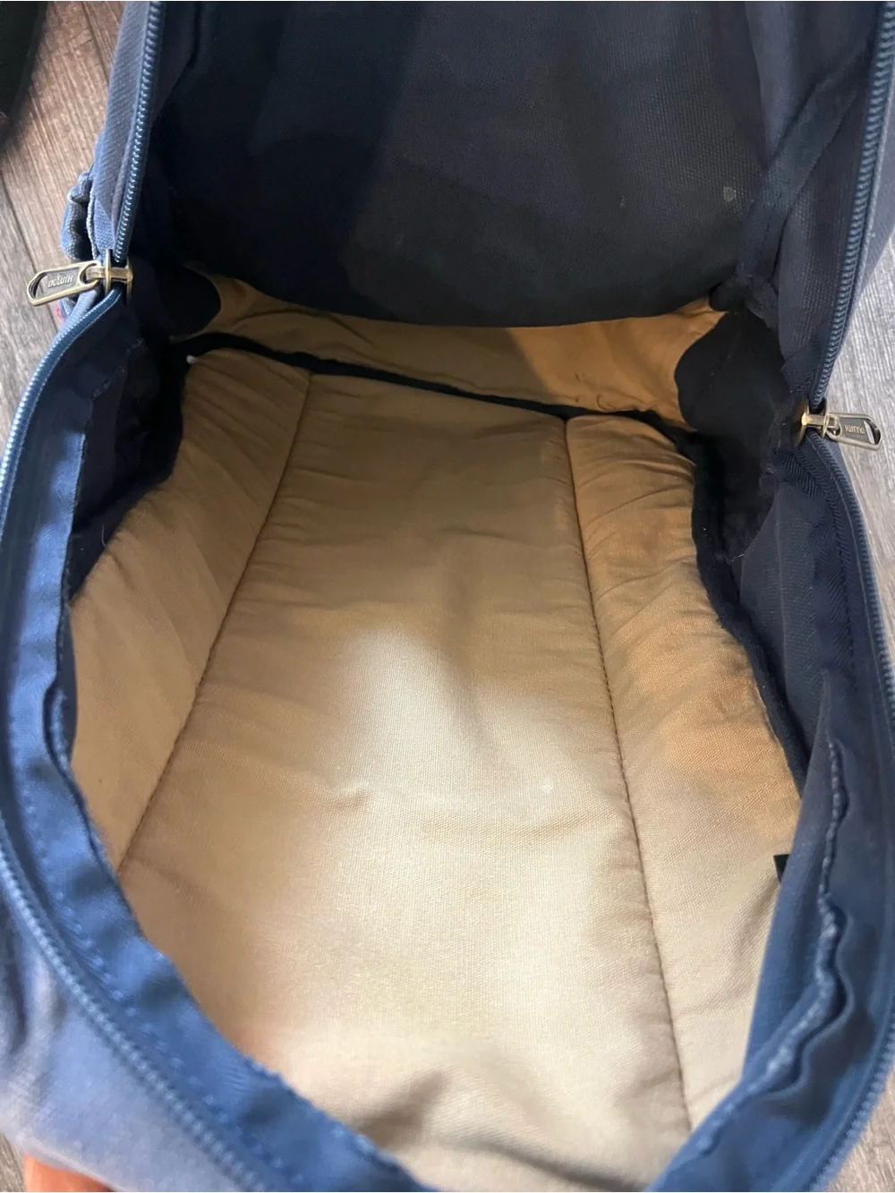 Duluth Trading Co Navy Canvas Backpack with Brown Leather Trim